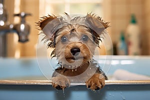 Adorable Dog\'s Bath Time Adventure. Heartwarming moment of a cute dog happily taking a bath. Ai generated