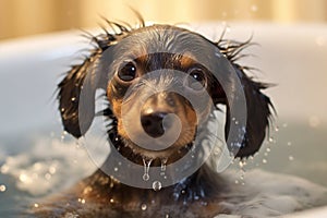 Adorable Dog\'s Bath Time Adventure. Heartwarming moment of a cute dog happily taking a bath. Ai generated