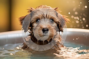 Adorable Dog\'s Bath Time Adventure. Heartwarming moment of a cute dog happily taking a bath. Ai generated