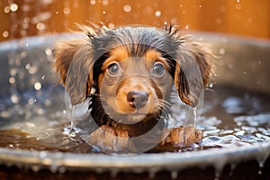 Adorable Dog\'s Bath Time Adventure. Heartwarming moment of a cute dog happily taking a bath. Ai generated