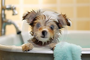 Adorable Dog\'s Bath Time Adventure. Heartwarming moment of a cute dog happily taking a bath. Ai generated