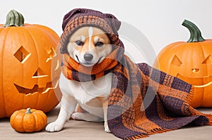 Adorable Dog in Scarf Posing for Halloween and Thanksgiving against Pumpkin Background.