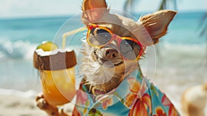 adorable dog sit sand at the beach sea on summer vacation holidays, wearing sunglasses and flower hawaiian drinking