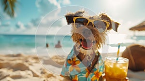 adorable dog sit sand at the beach sea on summer vacation holidays, wearing sunglasses and flower hawaiian drinking