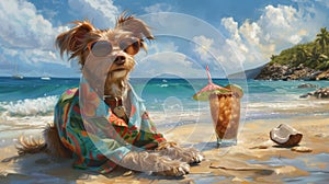 adorable dog sit sand at the beach sea on summer vacation holidays, wearing sunglasses and flower hawaiian drinking