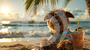 adorable dog sit sand at the beach sea on summer vacation holidays, wearing sunglasses and flower hawaiian drinking