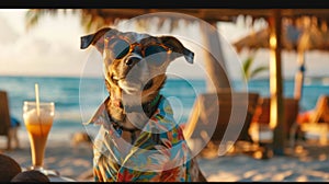 adorable dog sit sand at the beach sea on summer vacation holidays, wearing sunglasses and flower hawaiian drinking