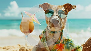 adorable dog sit sand at the beach sea on summer vacation holidays, wearing sunglasses and flower hawaiian drinking