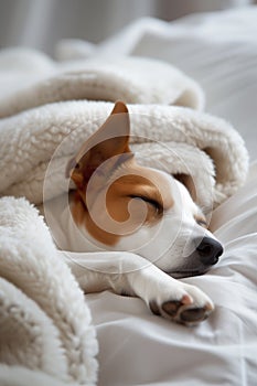 Adorable dog sleeping peacefully on white bed with soft blanket
