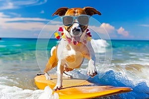 Adorable dog surfing with style in sunglasses and flower necklace on summer holiday