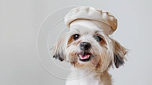 Adorable dog wearing a chef hat ready to cook. A cute, fluffy pet with a funny expression. Perfect for culinary and pet