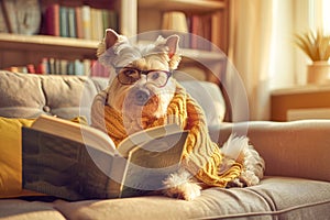 An adorable dog wearing glasses and reading a book