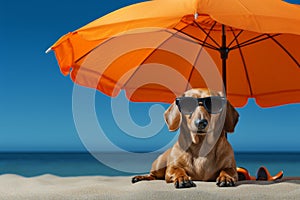 Adorable dog wearing stylish sunglasses lounging at the beach under a colorful umbrella