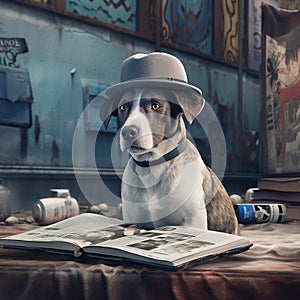 Adorable dogs with newspapers with vintage newsboy style setting.