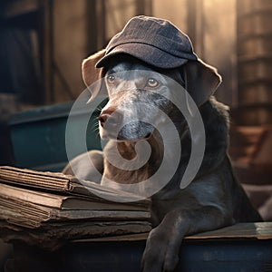 Adorable dogs with newspapers with vintage newsboy style setting.