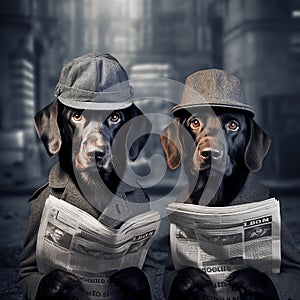 Adorable dogs with newspapers with vintage newsboy style setting.