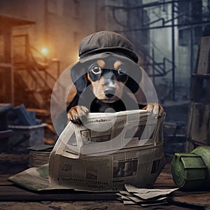 Adorable dogs with newspapers with vintage newsboy style setting.