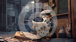 Adorable dogs with newspapers with vintage newsboy style setting.