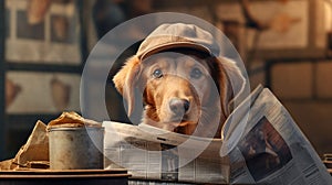 Adorable dogs with newspapers with vintage newsboy style setting.