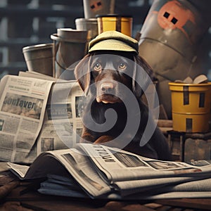 Adorable dogs with newspapers with vintage newsboy style setting.