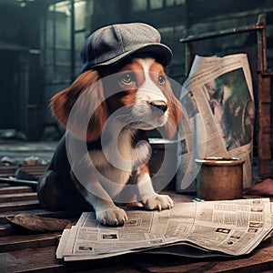 Adorable dogs with newspapers with vintage newsboy style setting.