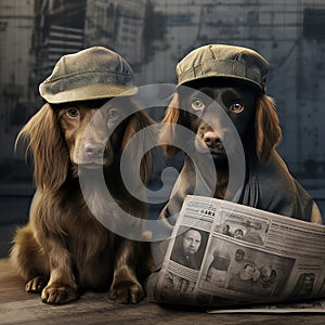 Adorable dogs with newspapers with vintage newsboy style setting.