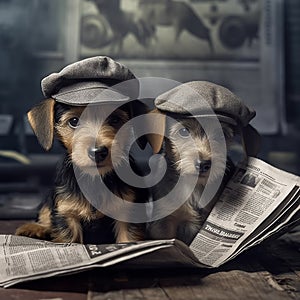 Adorable dogs with newspapers with vintage newsboy style setting.