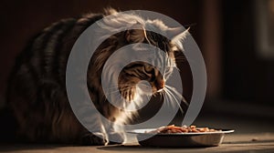 Adorable domestic cat with brown and white fur eating food from plate on blurred background