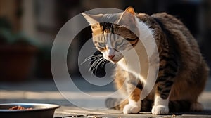 Adorable domestic cat with brown and white fur eating food from plate on blurred background