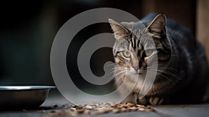 Adorable domestic cat with brown and white fur eating food from plate on blurred background