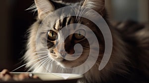 Adorable domestic cat with brown and white fur eating food from plate on blurred background