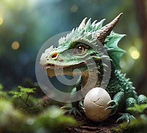 adorable dragon kid with miracle dragon egg posing at wooden log. 2024 year chinise symbol. New year concept. AI generated
