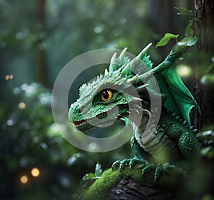 adorable dragon kid posing at wooden log. 2024 year chinise symbol. New year concept. AI generated