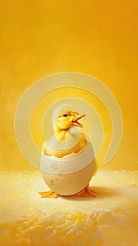 Adorable Duckling Emerging From Egg on Yellow Background