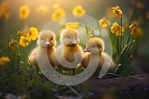 Adorable ducklings frolicking on lush green grass in a bright and inviting outdoor scene