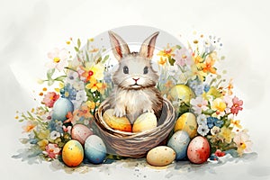 Adorable easter bunny with colorful eggs and delicate flowers pastel watercolor illustration