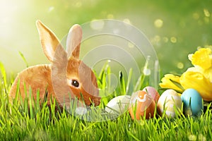 Adorable Easter bunny and colorful eggs on green grass