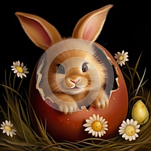 Adorable easter bunny in half-cracked egg shell on dark background, cute illustration
