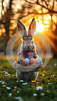 Adorable Easter Bunny Holding a Basket of Eggs