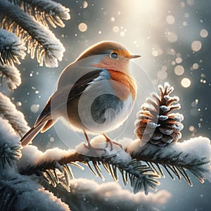 An Adorable European Robin Perched on a Snow Covered Tree Branch during a Winter Snowstorm AI Generated