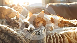 Adorable Feline and Canine Companions Reveling in the Warm Sunlit Comfort of a Plush Living Room Sofa