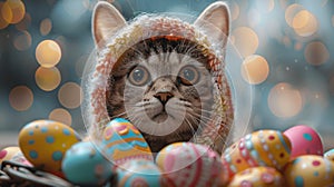 Adorable feline in rabbit outfit with pastel egg basket.