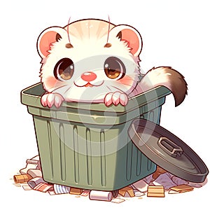 Adorable ferret comes out from a dush bin, with the cute face pose, in cartoon style, digital anime art, white background, animal