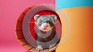 Adorable ferret peeking out of a colorful play tunnel on a pink background
