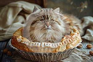Adorable Fluffy Cat Sitting in a Pie Crust Like a Bed, Cozy Pet Enjoying a Unique Relaxing Spot, Whimsical Feline Scene