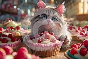 Adorable Fluffy Cat with Sparkling Eyes Admiring Delicious Raspberry Cupcakes Sweet Treats Display