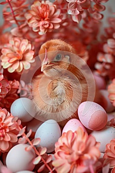 Adorable Fluffy Chick Surrounded by Easter Eggs and Pink Flowers Springtime Holiday, Animal Cuteness, Festive Celebration Concept