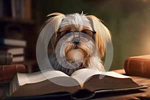 Adorable Fluffy Dog Pet Wearing Glasses Reading a Thick Book in the Room