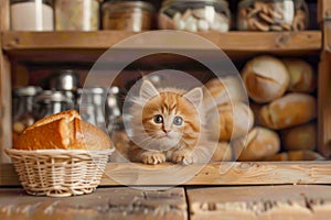 Adorable Fluffy Ginger Kitten Resting Beside Fresh Baked Bread on Rustic Wooden Pantry Shelf in Warm Cozy Kitchen