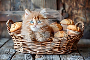 Adorable Fluffy Ginger Kitten Sitting in Wicker Basket with Fresh Baked Muffins on Rustic Wooden Background